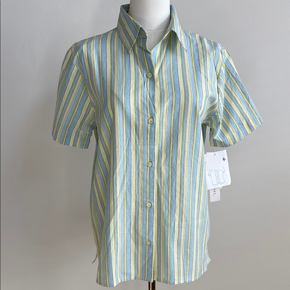 Vtg Women S‎ Striped Short Sleeve Button Up Casual Shirt Coastal Retro Preppy